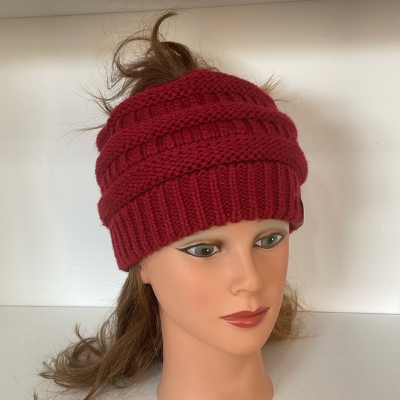 C.C. Exclusives Dark Red Maroon Color Knit Beanie with Ponytail Opening - Picture 1 of 11